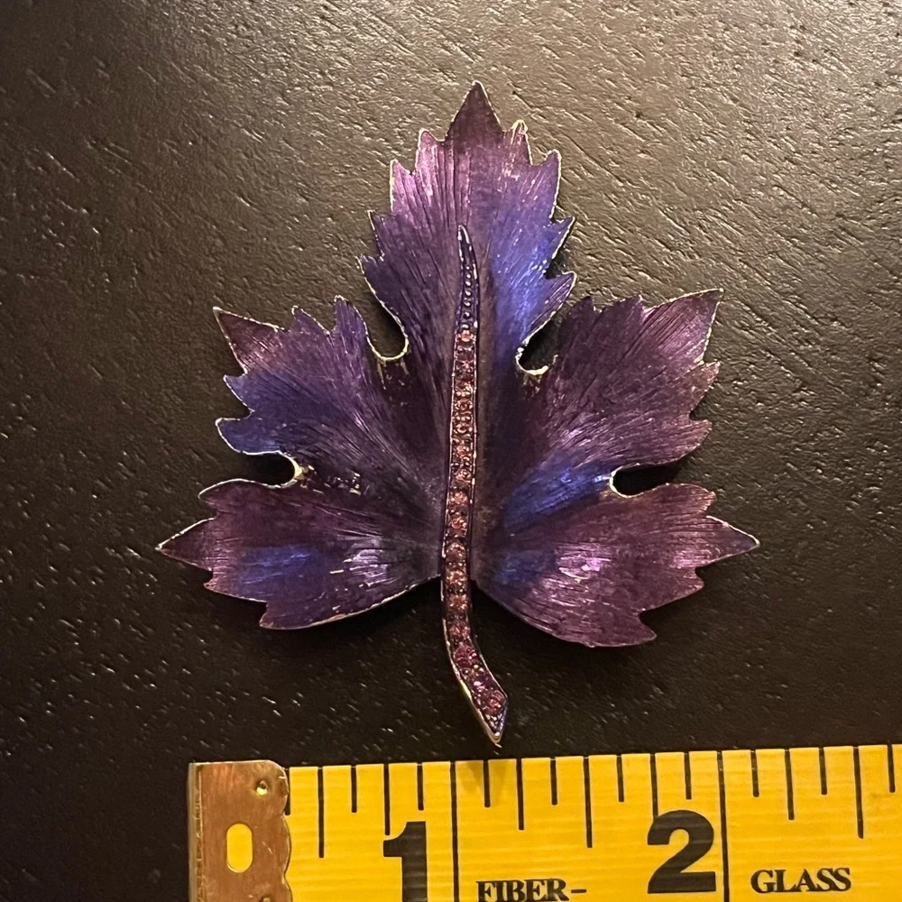 Enamel Purple Leaf Brooch with Rhinestone Detail